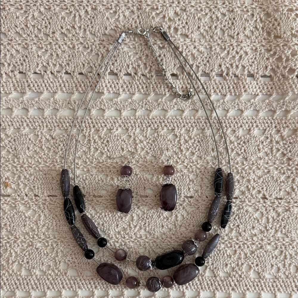 Multi-Stone Statement Set Necklace & Earrings Black Gray Purple